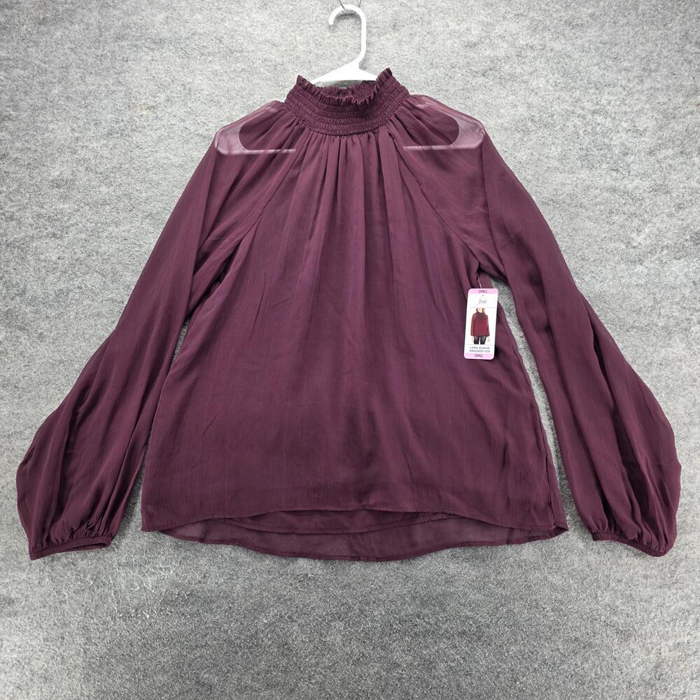 Joie Long Sleeve Smocked Top Womens Small Deep Wine Sheer Blouse Boho Mock Neck